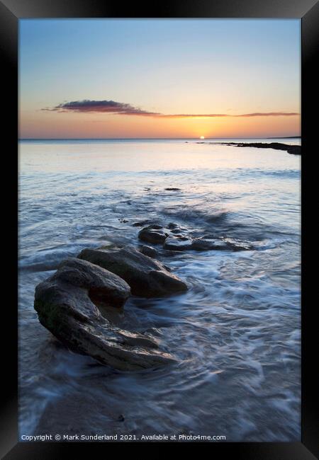 Rocks on the Shore at Sunrise Castle Sands St Andrews Framed Print by Mark Sunderland