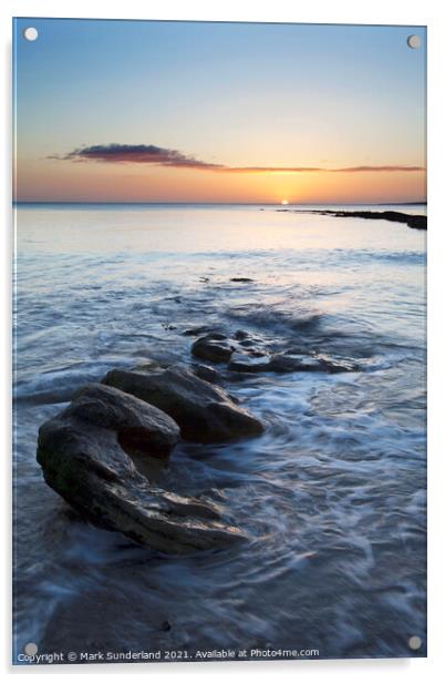 Rocks on the Shore at Sunrise Castle Sands St Andrews Acrylic by Mark Sunderland