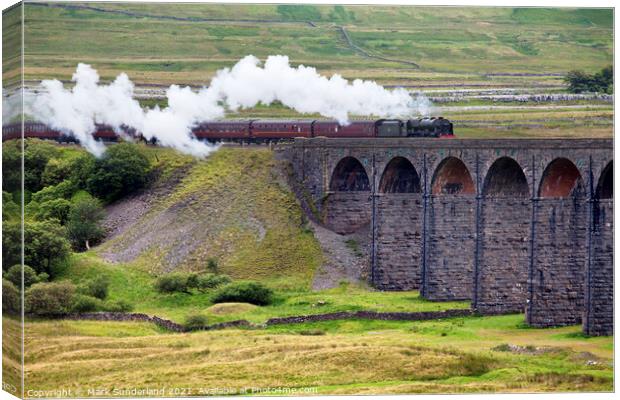 Steam Train Hauled by The Scots Guardsman Arriving at the Ribblehead Viaduct Canvas Print by Mark Sunderland