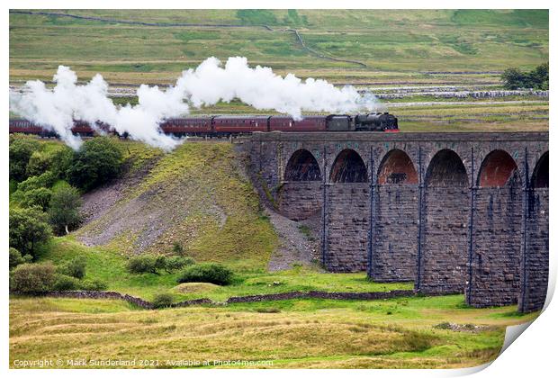Steam Train Hauled by The Scots Guardsman Arriving at the Ribblehead Viaduct Print by Mark Sunderland