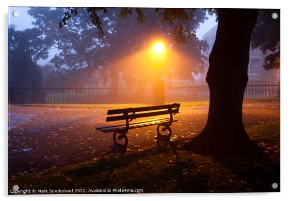 Park Bench under a Tree on a Misty Morning Acrylic by Mark Sunderland