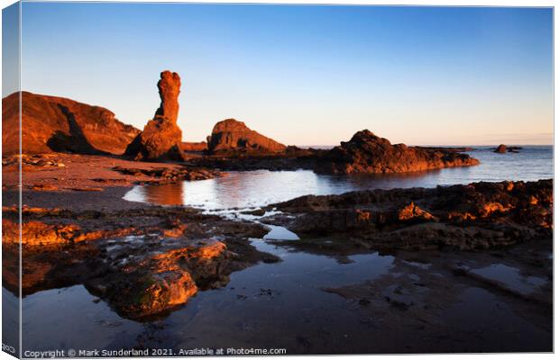 Rock and Spindle at Sunrise on the Fife Coast Canvas Print by Mark Sunderland