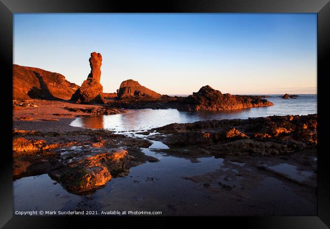 Rock and Spindle at Sunrise on the Fife Coast Framed Print by Mark Sunderland