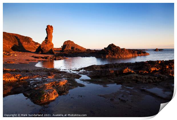 Rock and Spindle at Sunrise on the Fife Coast Print by Mark Sunderland