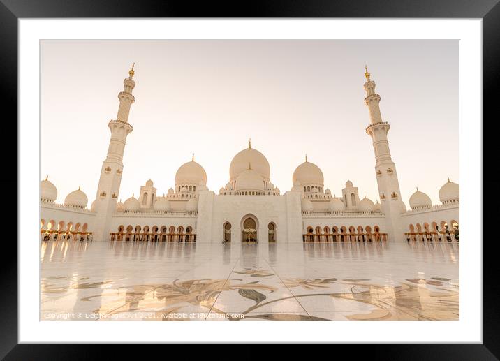 Grand mosque in Abu Dhabi near Dubai at sunset, UA Framed Mounted Print by Delphimages Art