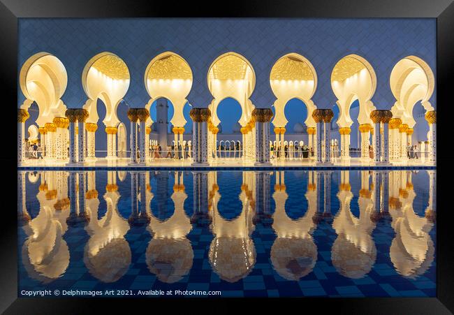 Grand Mosque in Abu Dhabi near Dubai at night, UAE Framed Print by Delphimages Art