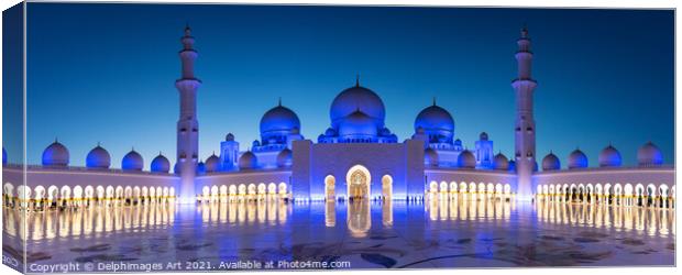 Grand Mosque in Abu Dhabi near Dubai at night, UAE Canvas Print by Delphimages Art