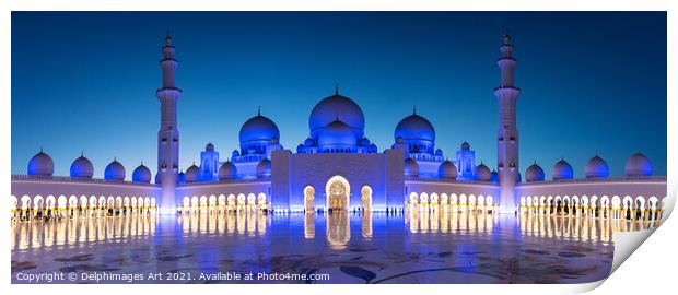 Grand Mosque in Abu Dhabi near Dubai at night, UAE Print by Delphimages Art