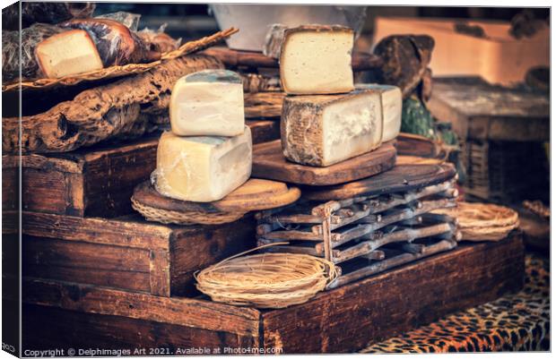 Italian pecorino cheese on a wooden rustic display Canvas Print by Delphimages Art
