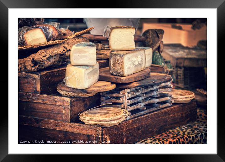 Italian pecorino cheese on a wooden rustic display Framed Mounted Print by Delphimages Art
