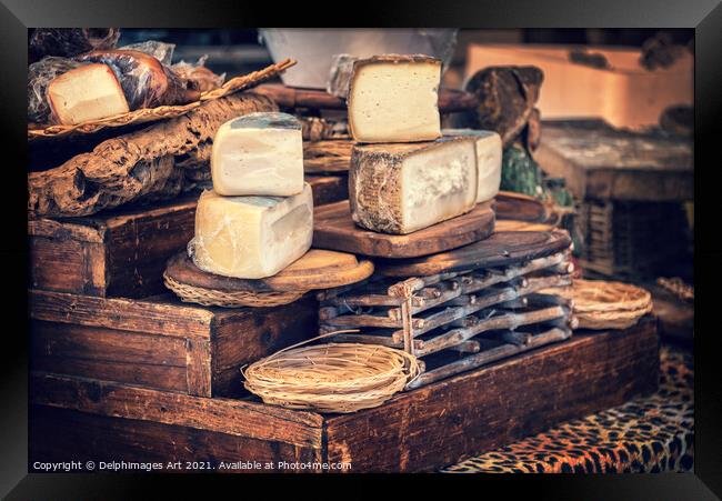 Italian pecorino cheese on a wooden rustic display Framed Print by Delphimages Art