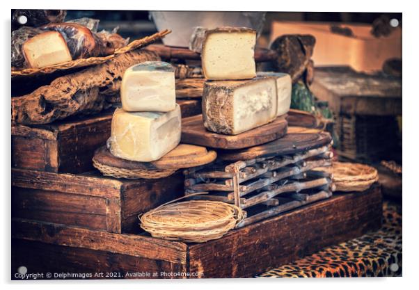 Italian pecorino cheese on a wooden rustic display Acrylic by Delphimages Art