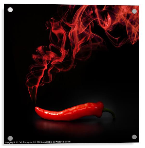 Hot smoking red chili pepper on black background Acrylic by Delphimages Art