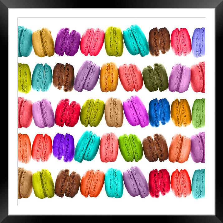 Rows of brightly colored French macarons cookies Framed Mounted Print by Delphimages Art