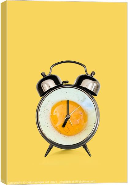 Breakfast time, fried egg and vintage alarm clock  Canvas Print by Delphimages Art