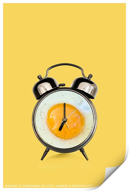 Breakfast time, fried egg and vintage alarm clock  Print by Delphimages Art