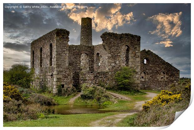 Old tin mine, engine house Cornwall,  Print by kathy white