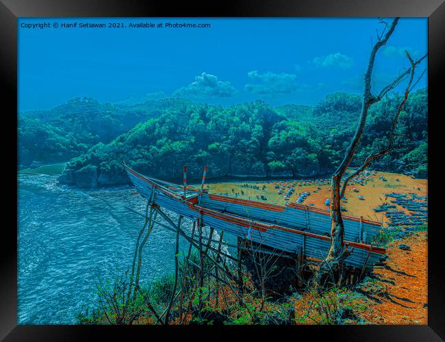 A bamboo fishing boat as high view point over the lagoon beach Baron. Framed Print by Hanif Setiawan