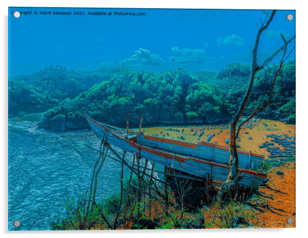 A bamboo fishing boat as high view point over the lagoon beach Baron. Acrylic by Hanif Setiawan