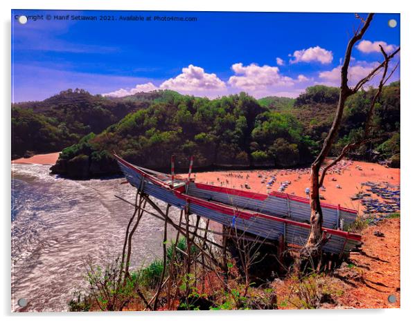 A bamboo fishing boat as high view point over the  Acrylic by Hanif Setiawan