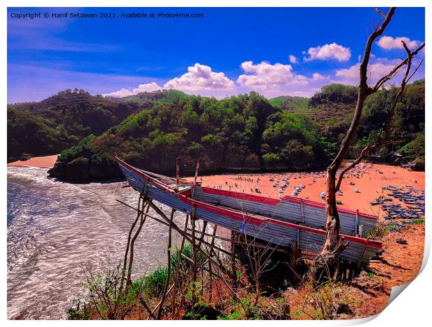 A bamboo fishing boat as high view point over the  Print by Hanif Setiawan