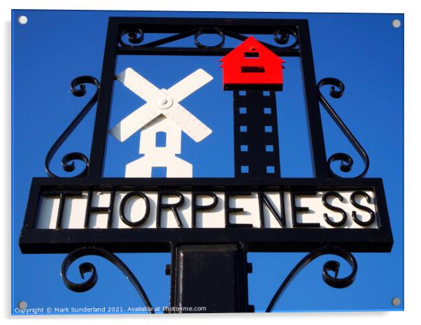 Thorpeness Village Sign showing the Windmill and House in the Cl Acrylic by Mark Sunderland