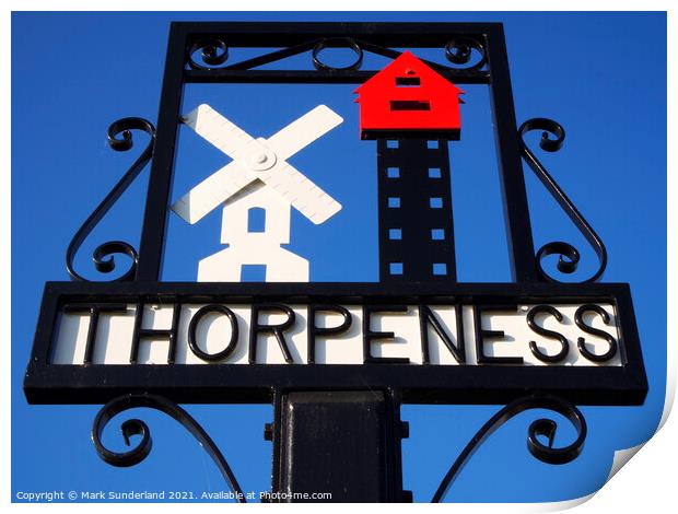 Thorpeness Village Sign showing the Windmill and House in the Cl Print by Mark Sunderland