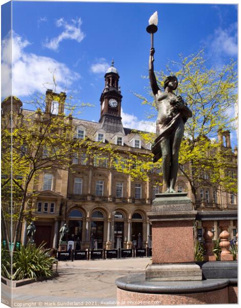 Morn Statue and The Old Post Office in City Square Leeds Canvas Print by Mark Sunderland