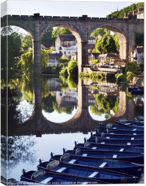 Viaduct and Reflection with Rowing Boast in the River Nidd at Kn Canvas Print by Mark Sunderland