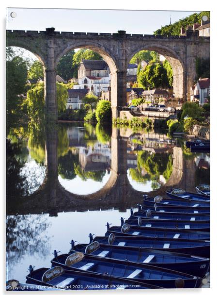 Viaduct and Reflection with Rowing Boast in the River Nidd at Kn Acrylic by Mark Sunderland