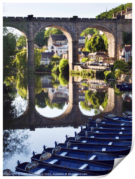 Viaduct and Reflection with Rowing Boast in the River Nidd at Kn Print by Mark Sunderland