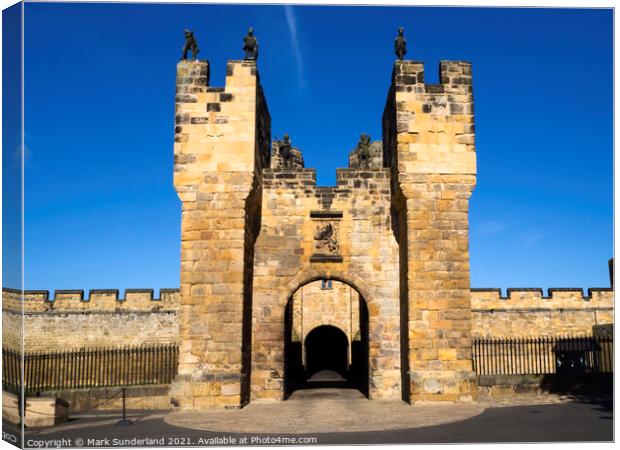 Gatehouse and Barbican at Alnwick Castle on a Summer Evening Canvas Print by Mark Sunderland
