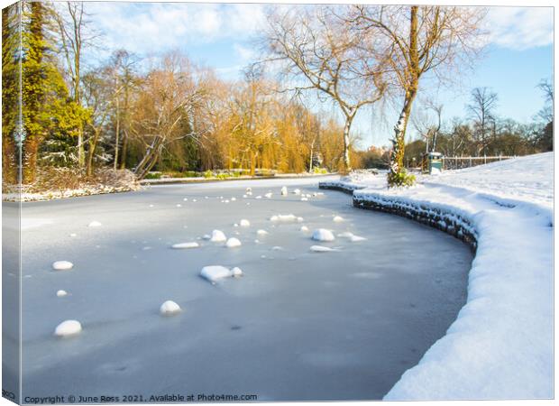 Snow at Ropner Park Lake, Stockton-on-Tees, England  Canvas Print by June Ross