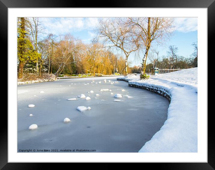 Snow at Ropner Park Lake, Stockton-on-Tees, England  Framed Mounted Print by June Ross