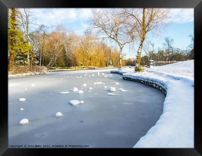 Snow at Ropner Park Lake, Stockton-on-Tees, England  Framed Print by June Ross