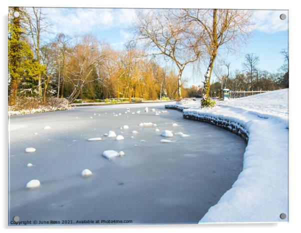 Snow at Ropner Park Lake, Stockton-on-Tees, England  Acrylic by June Ross