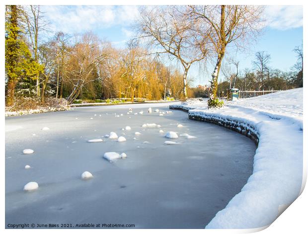 Snow at Ropner Park Lake, Stockton-on-Tees, England  Print by June Ross