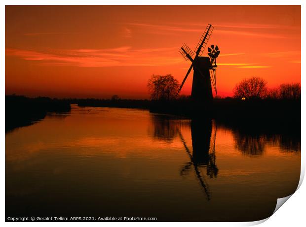 Turf Fen Windmill at sunset, Norfolk Broads, England, UK Print by Geraint Tellem ARPS