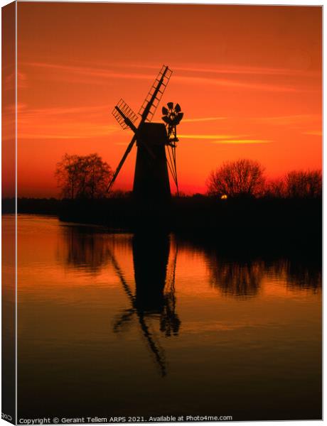 Turf Fen Windmill at sunset, Norfolk Broads, England, UK Canvas Print by Geraint Tellem ARPS