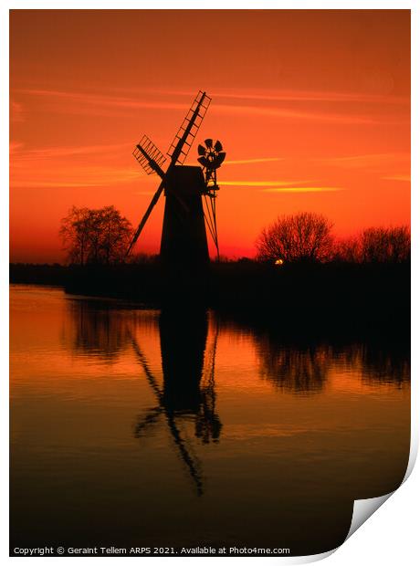 Turf Fen Windmill at sunset, Norfolk Broads, England, UK Print by Geraint Tellem ARPS