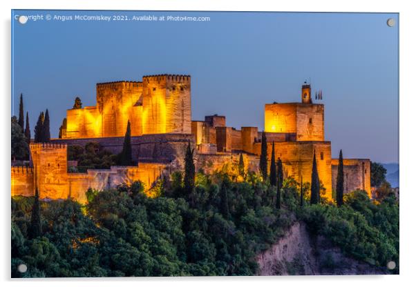 Alcazaba Towers at dusk (Alhambra Palace) Granada Acrylic by Angus McComiskey