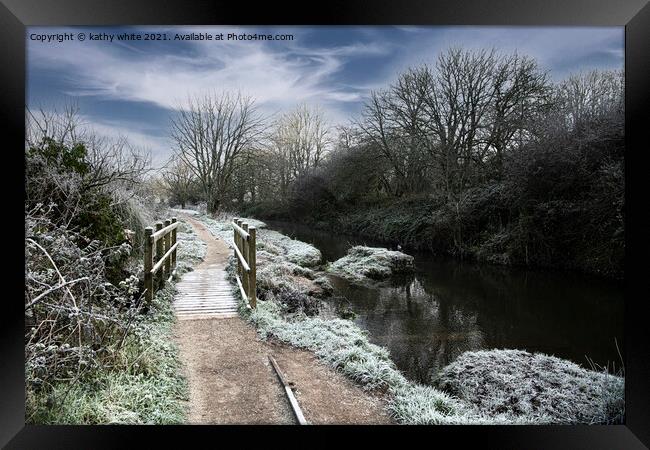 winter walk,snow scene Framed Print by kathy white