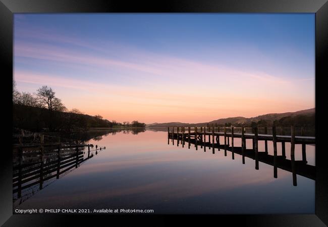 Coniston water jetty sunrise 497 Framed Print by PHILIP CHALK
