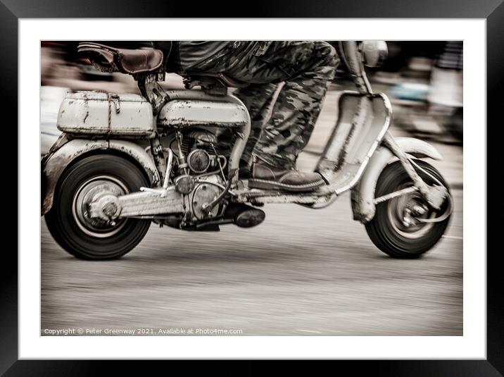Man Riding  Classic Moped On A Bikers Night Framed Mounted Print by Peter Greenway