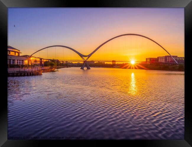 Sunset at Infinity Bridge, Stockton-on-Tees, Cleveland Framed Print by June Ross