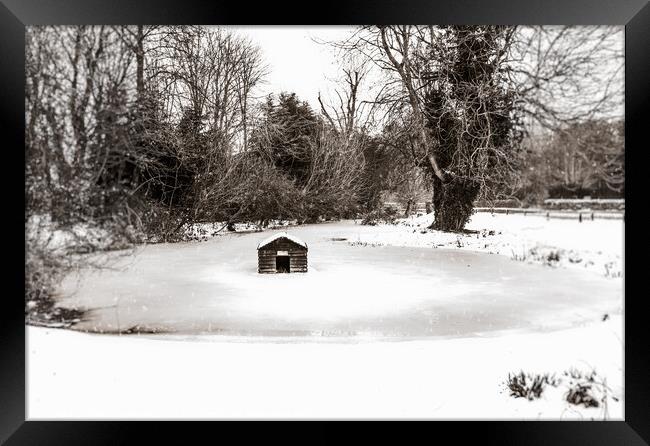 Frozen Village Duckpond & Duckhouse In Bucknell, O Framed Print by Peter Greenway