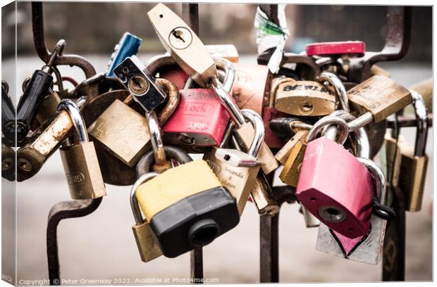 Lovers Padlocks Attached To A Gate Canvas Print by Peter Greenway