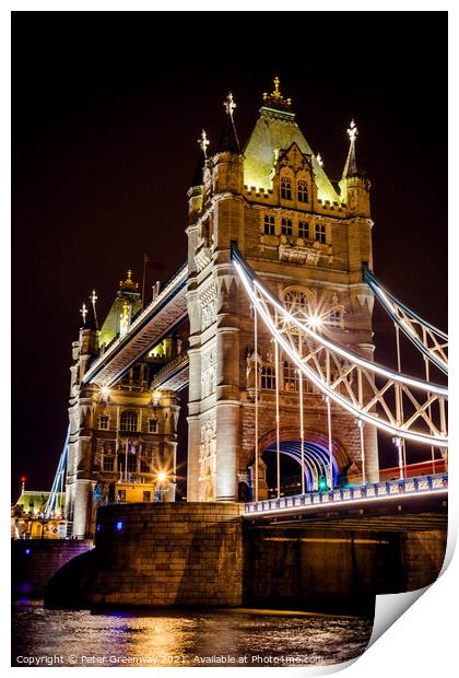 The Iconic Tower Bridge In London At Night Print by Peter Greenway