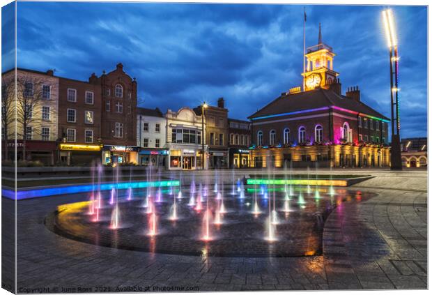 Stockton-on-Tees Fountains & Town Hall at Night  Canvas Print by June Ross