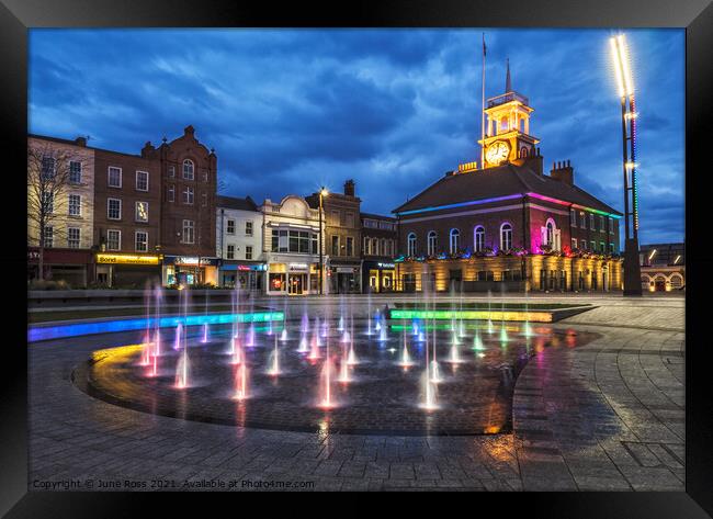 Stockton-on-Tees Fountains & Town Hall at Night  Framed Print by June Ross